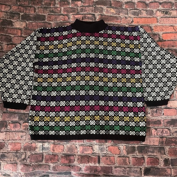 Vintage 90s Sweater Abstract Bold Printed Knit by Jamie Scott Large Crazy Fun - Picture 1 of 6